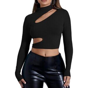 Shirts Women Black Cutout Mock Neck Long Sleeve Crop Tee Shirts Tops